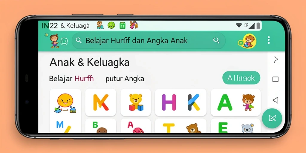 Antarmuka aplikasi IN22 yang menarik untuk belajar huruf dan angka.