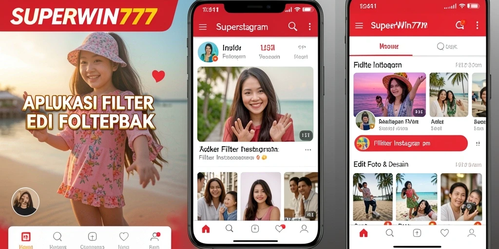 Tampilan antarmuka utama SUPERWIN777 dengan berbagai opsi filter Instagram.